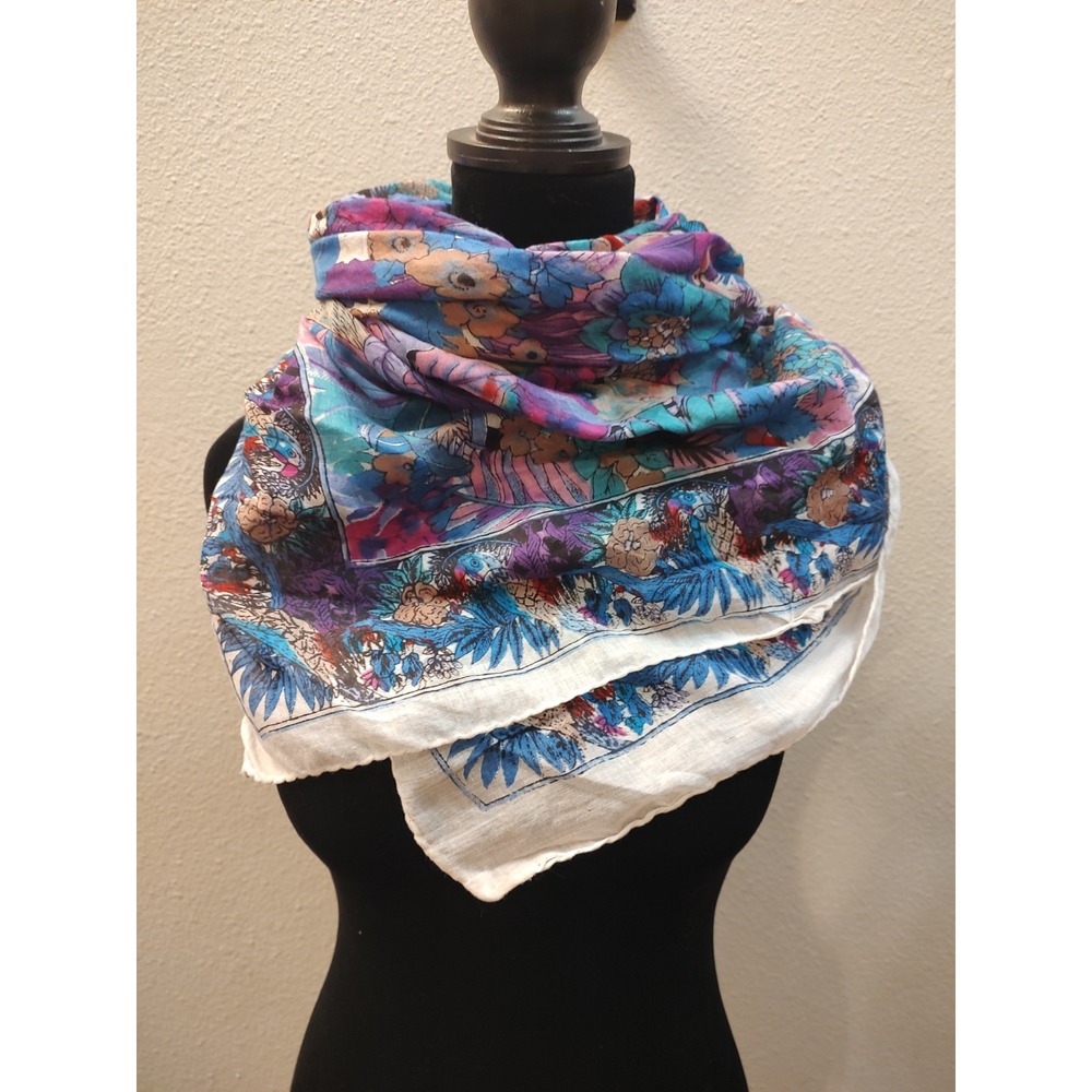 Womens Scarf Tropical Birds Flowers Teal Purple Tucan Parrot Ferns 40" X 40" A19